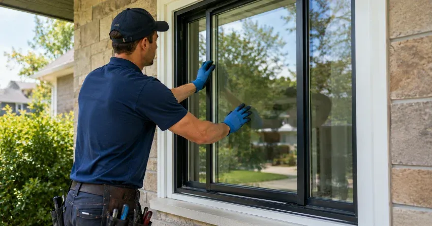 technician measuring a broken window pane for replacement in MacGregor Albert, Waterloo