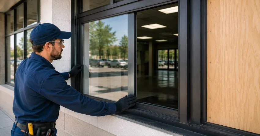 technician boarding a broken window after a break-in in MacGregor Albert, Waterloo