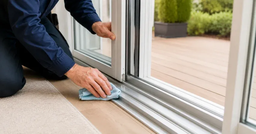 technician inspecting a sliding patio door track in Upper Beechwood, Waterloo