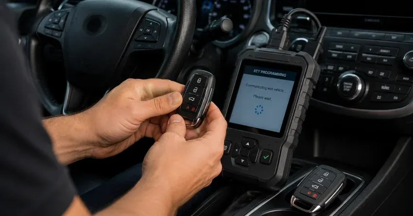 technician inspecting a worn car key before replacement in Conservation Meadows, Waterloo