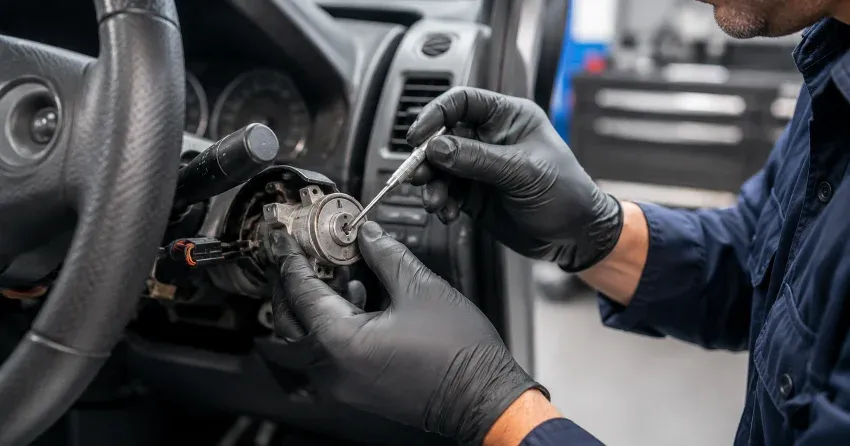 technician diagnosing an ignition lock repair issue in Conservation Meadows, Waterloo