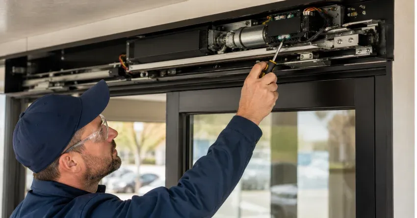 technician completing automatic door repair on residential property in Rummelhardt, Waterloo