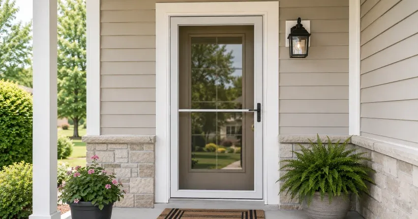technician hanging storm door square and plumb in Waterloo