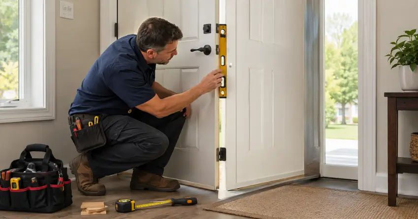 technician diagnosing a misaligned door frame in Conservation Meadows, Waterloo