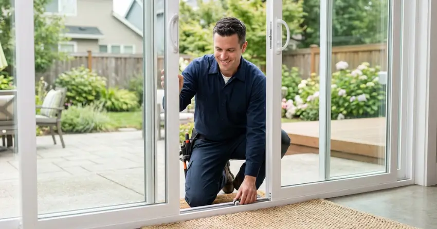 technician diagnosing a sticking patio door in Conservation Meadows, Waterloo