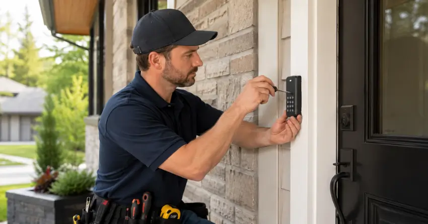 Technician installing an access control system keypad beside a residential front door in Clair Hills, Waterloo