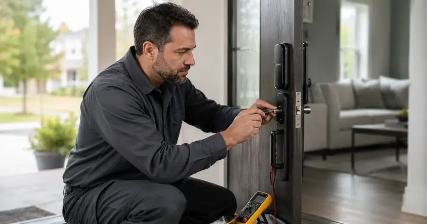 technician diagnosing automatic door lock mechanism on residential door in Conservation Meadows, Waterloo