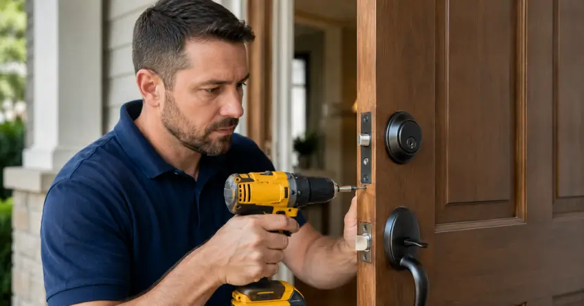 technician installing a new deadbolt during Change Door Lock MacGregor Albert, Waterloo service