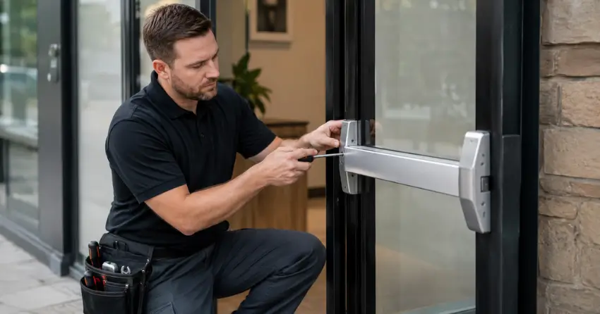 commercial locksmith repairing exit device on storefront door Rummelhardt, Waterloo