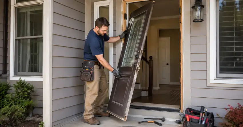 old exterior door being removed for replacement in Upper Beechwood, Waterloo