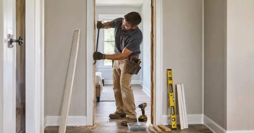technician removing an old interior door frame during installation Rummelhardt, Waterloo