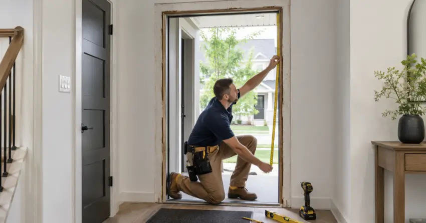 technician measuring a door frame before new door installation in Upper Beechwood, Waterloo