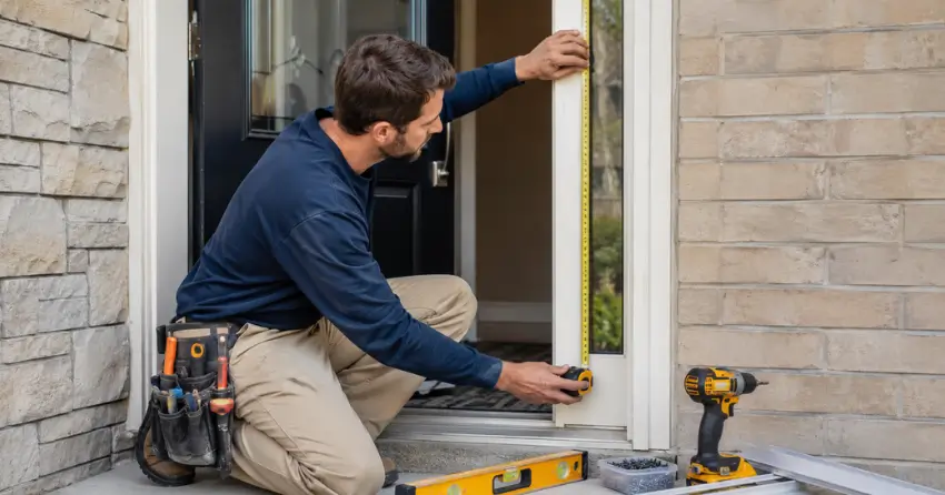 technician measuring door frame before storm door install in Clair Hills, Waterloo