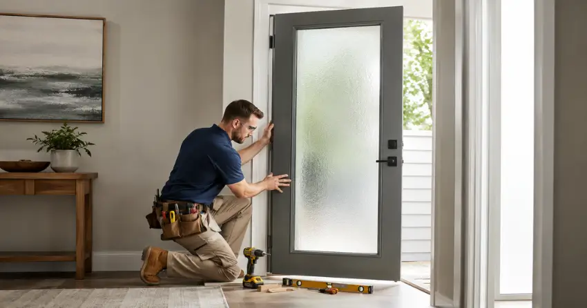 glass panel door installation with frosted privacy glass in residential setting in Waterloo