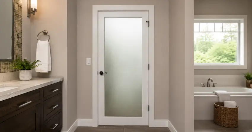 frosted glass panel bathroom door installed in a Upper Beechwood, Waterloo home