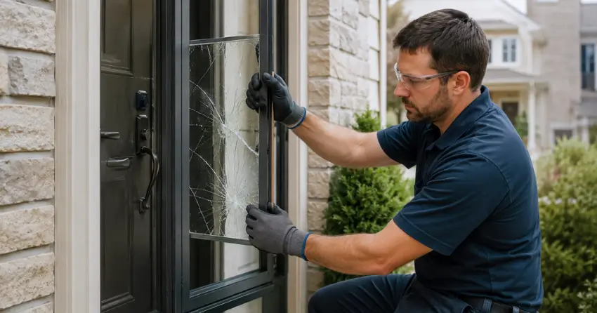technician removing cracked storm door glass panel in Upper Beechwood, Waterloo
