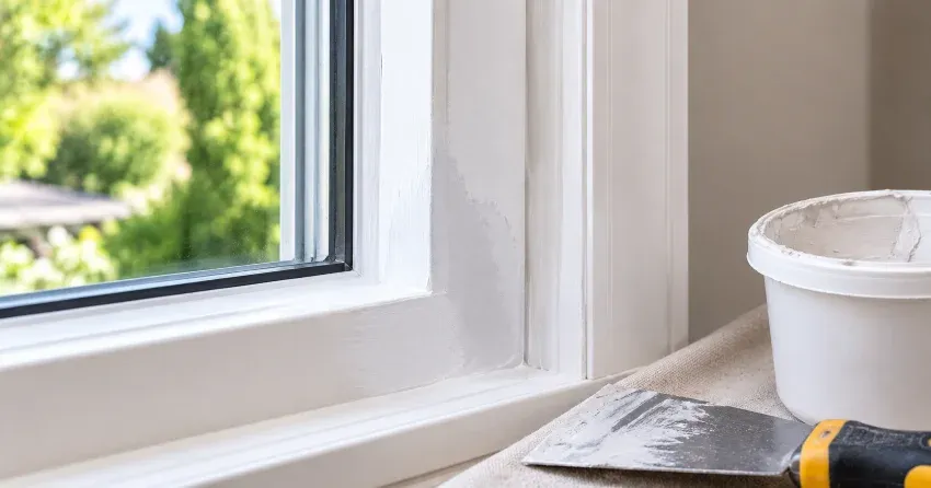 technician repairing rotted window frame corner in Rummelhardt, Waterloo