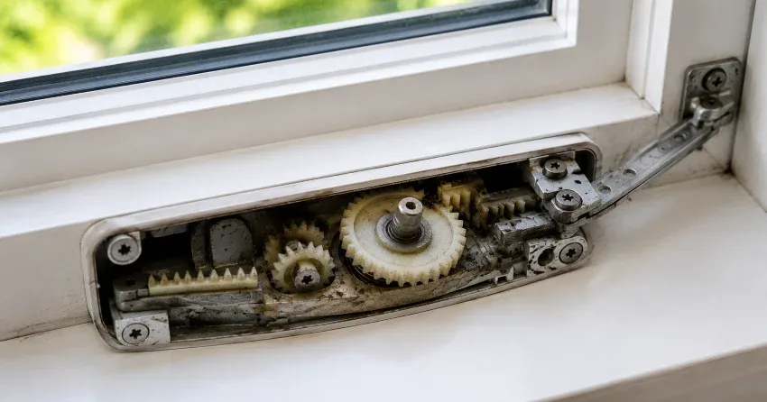technician replacing casement window crank operator in Conservation Meadows, Waterloo home