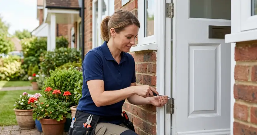 technician repairing exterior door hinge and frame in Upper Beechwood, Waterloo