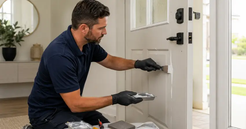 technician repairing fiberglass door surface crack in Upper Beechwood, Waterloo