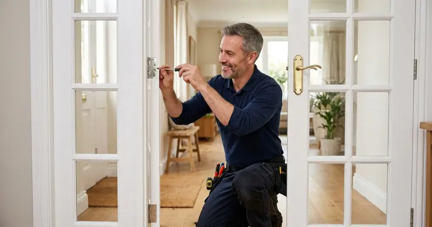technician adjusting French door hinge for proper alignment in MacGregor Albert, Waterloo