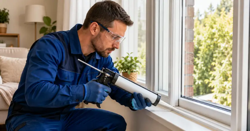 technician repairing window seal and frame in MacGregor Albert, Waterloo