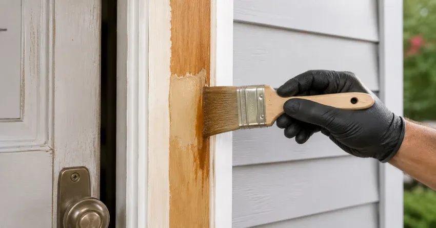 technician probing rotted wood on a door frame in Upper Beechwood, Waterloo